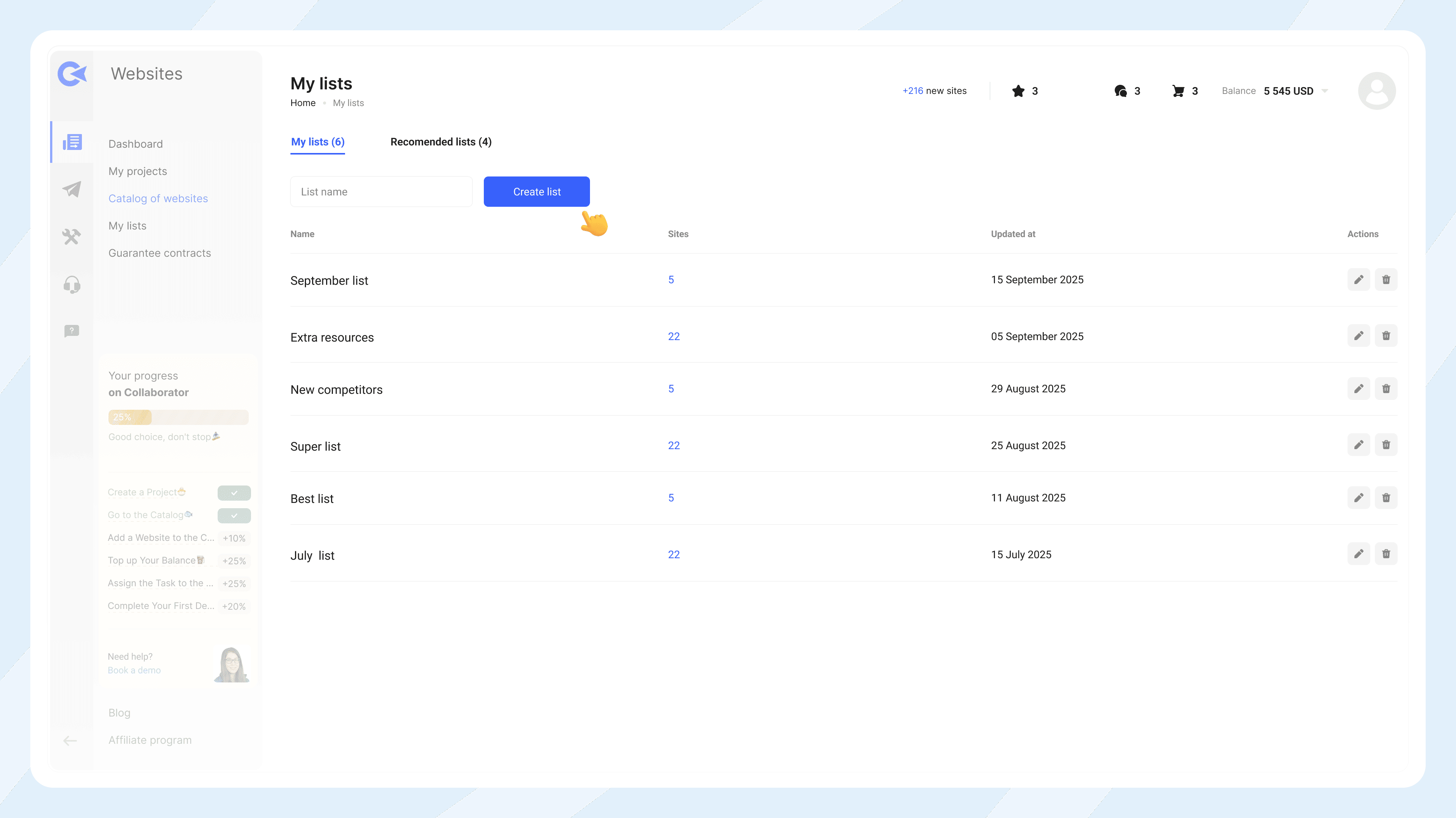 Collaborator My Lists dashboard showing user's website lists including September list, Extra resources, New competitors, Super list, Best list, and July list with site counts and last updated dates